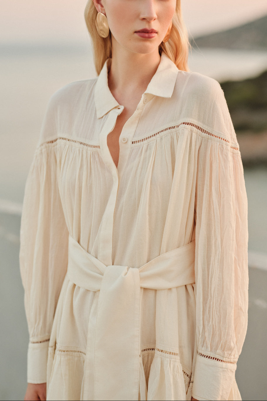 SHORT OVERSIZED GAUZE DRESS WITH BELT OFFWHITE