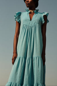 LONG COTTON GAZE DRESS "THIRA" TURQUOISE