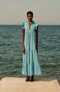 LONG COTTON GAZE DRESS "THIRA" TURQUOISE