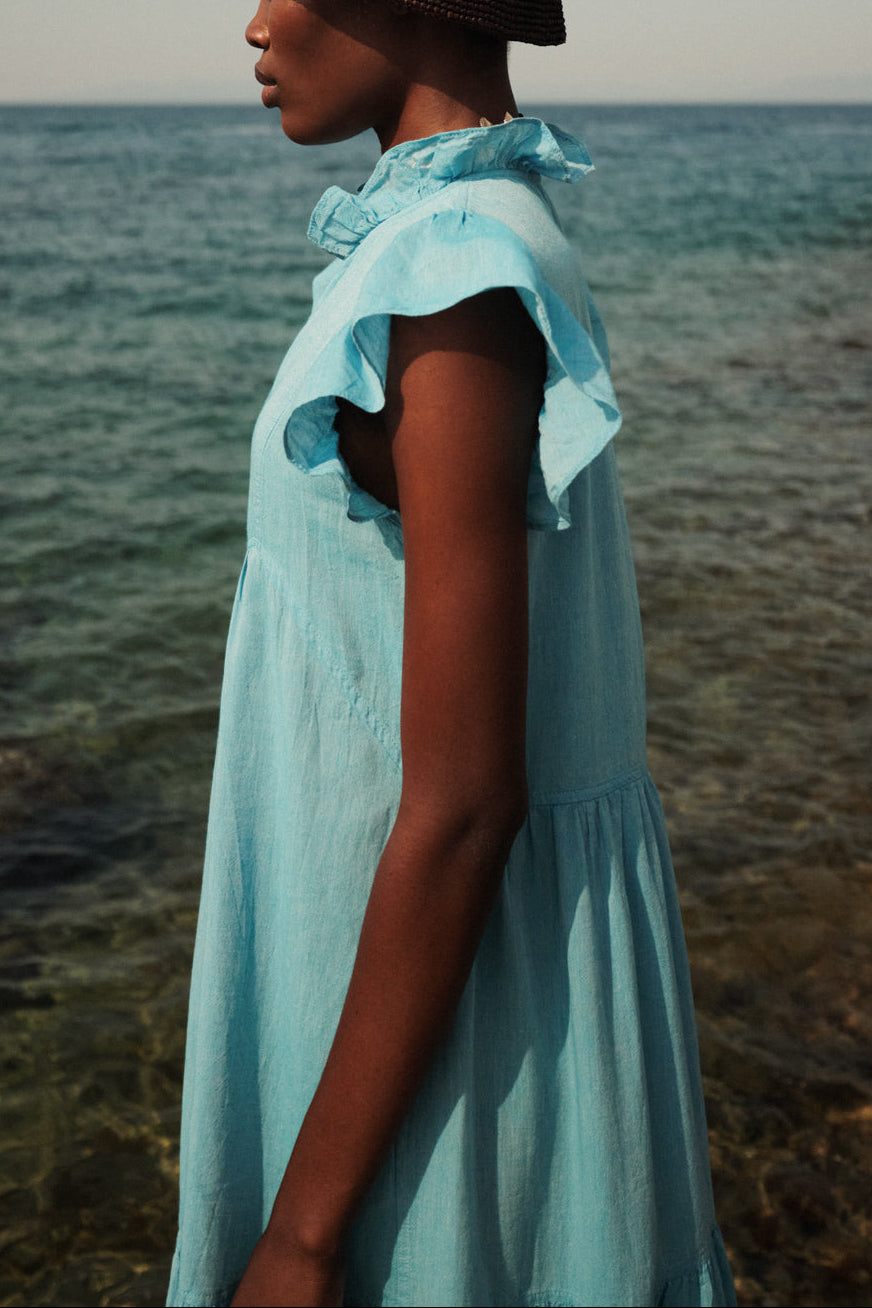 LONG COTTON GAZE DRESS "THIRA" TURQUOISE