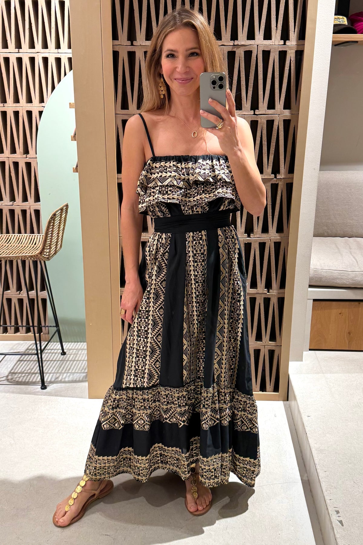 STRAPPY MIDI COTTON DRESS WITH RUFFLES "EMBROIDERED" BLACK/GOLD