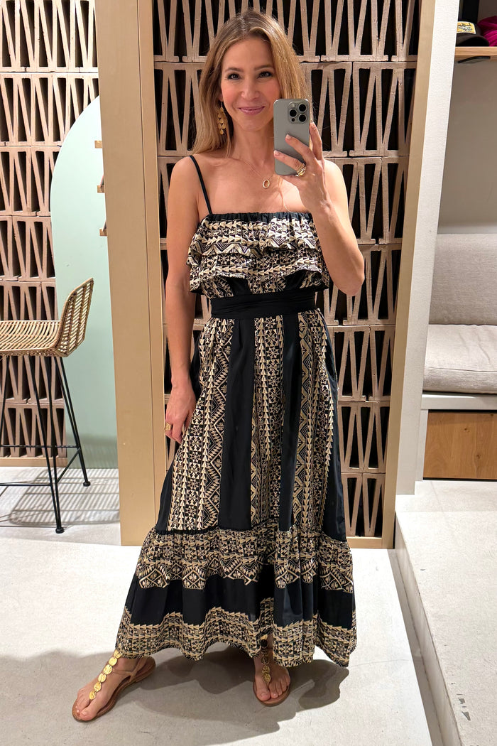 STRAPPY MIDI COTTON DRESS WITH RUFFLES "EMBROIDERED" BLACK/GOLD