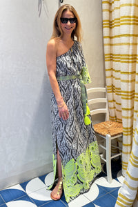 LONG WOVEN ONE SHOULDER DRESS BLACK/FLUO YELLOW