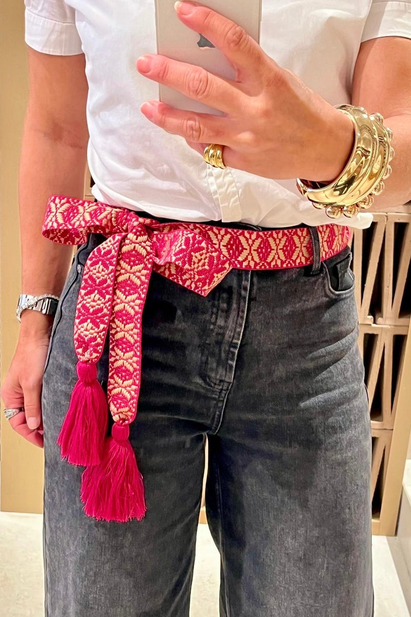 WOVEN BELT WITH TASSELS PINK/BEIGE