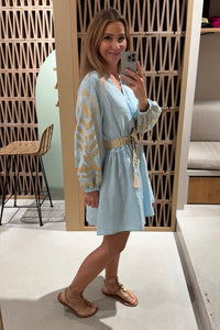 SHORT LINEN DRESS WITH BALLON SLEEVES "FEATHER" CIEL/GOLD