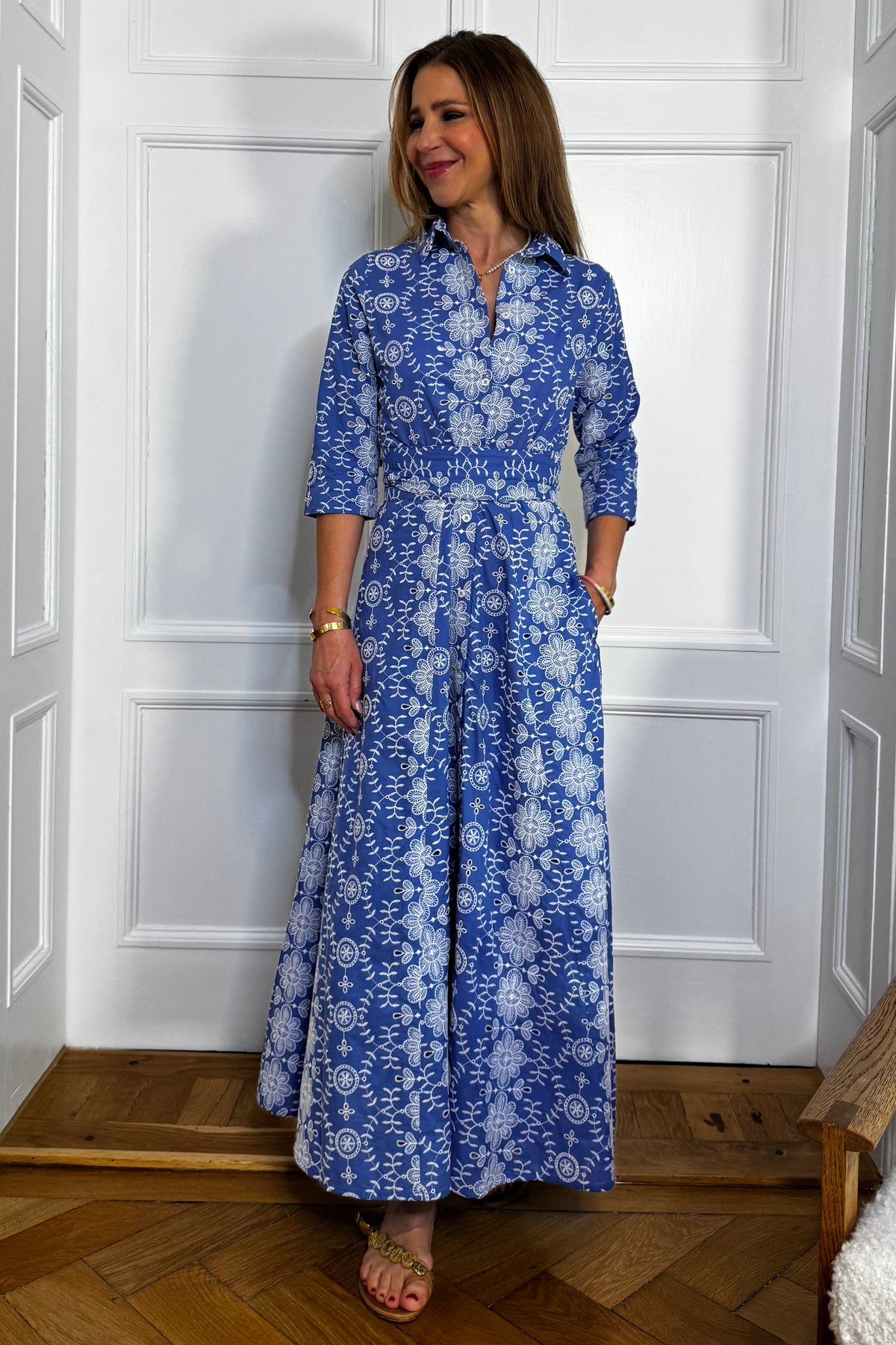 LONG EMBROIDERED COTTON DRESS "ISMINI" BLUE
