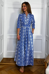 LONG EMBROIDERED COTTON DRESS "ISMINI" BLUE