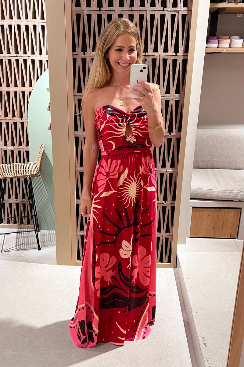 LONG STRAPLESS DRESS "PASSIONFLOWER" RED