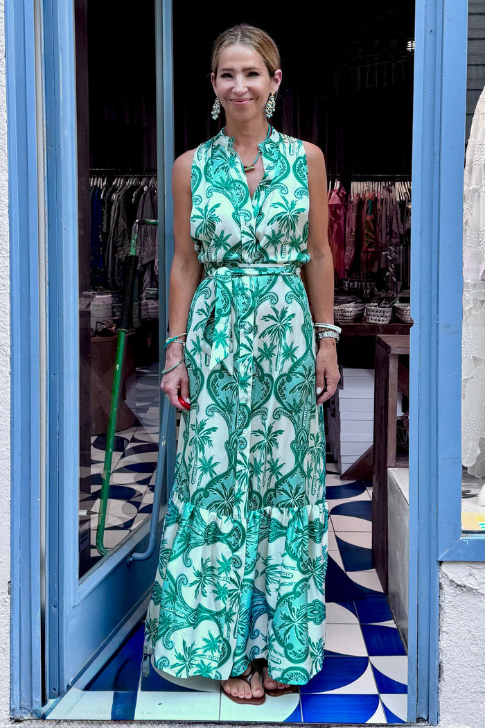 LONG SLEEVELESS SILKY DRESS "PALMS" GREEN/ECRU