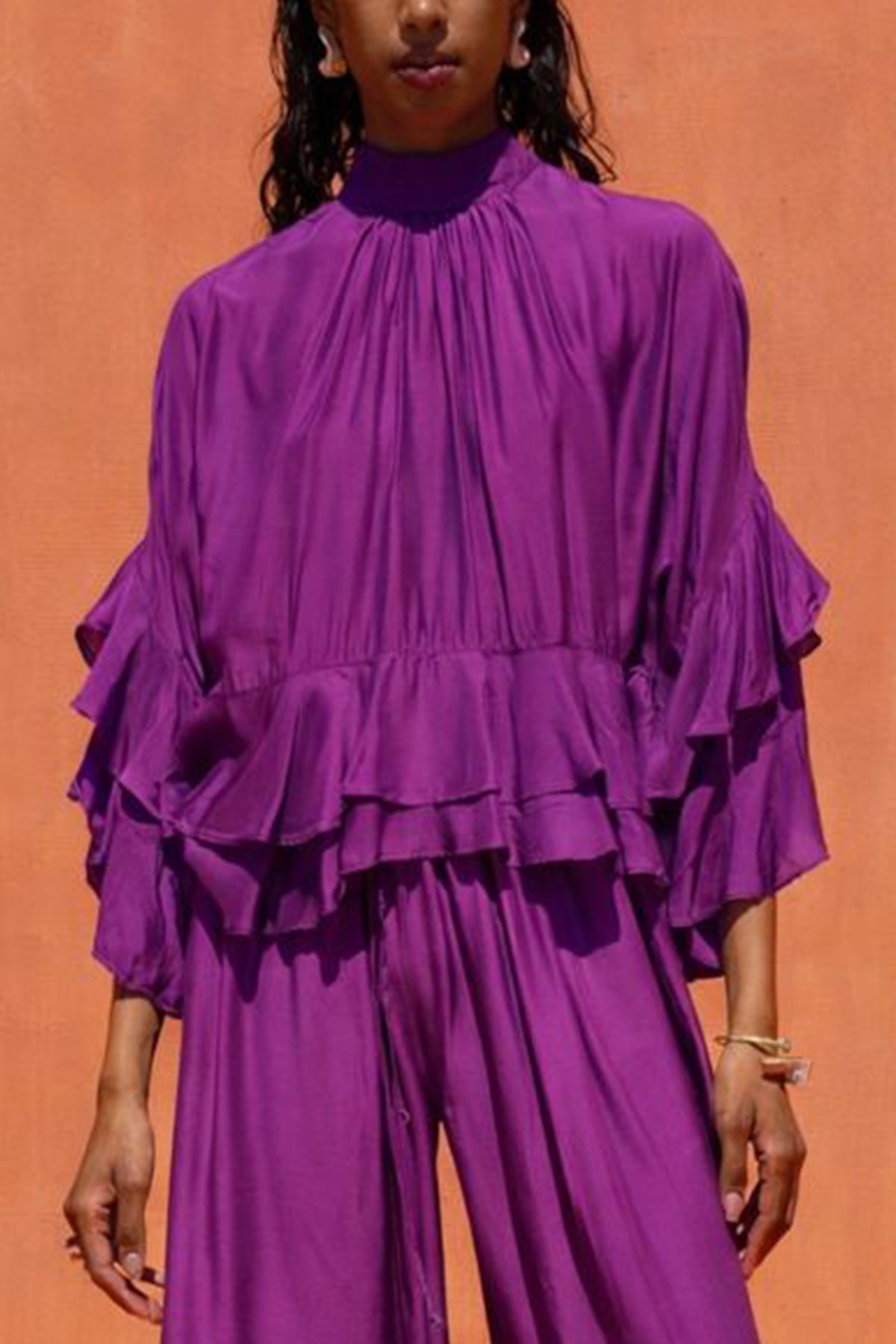 VISCOSE/SILK BLOUSE WITH RUFFLES PURPLE