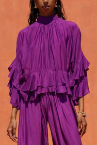 VISCOSE/SILK BLOUSE WITH RUFFLES PURPLE