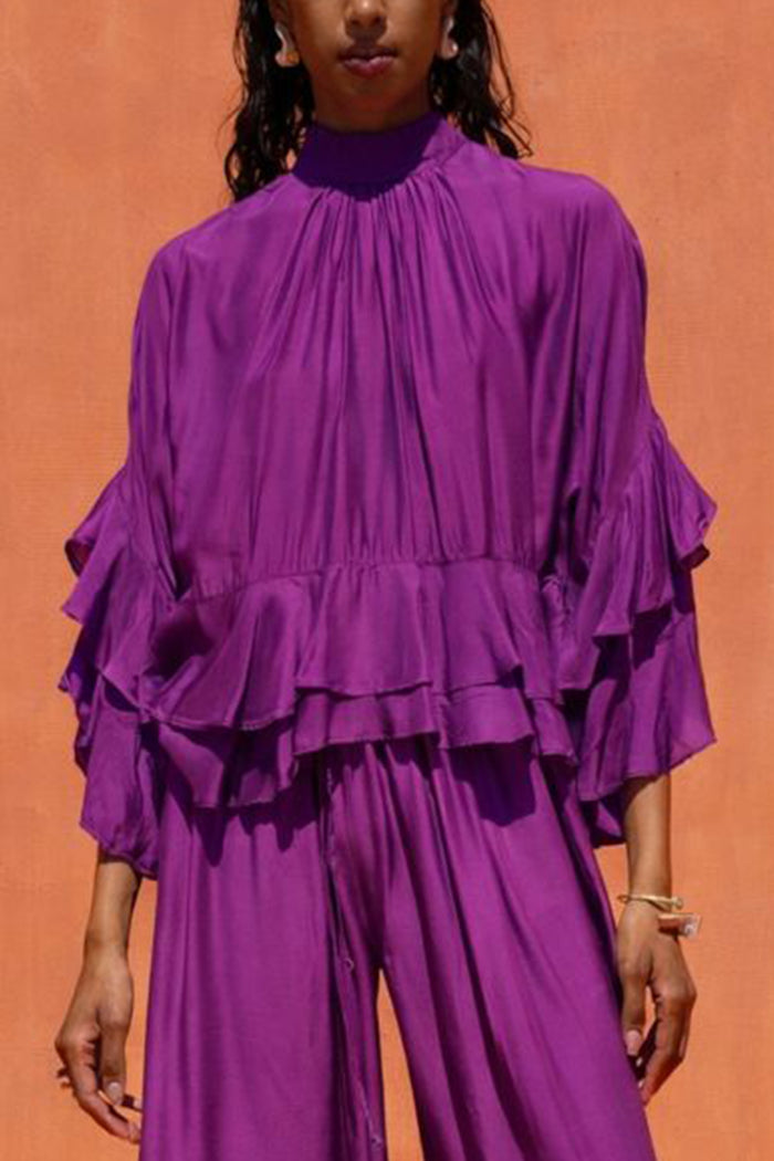 VISCOSE/SILK BLOUSE WITH RUFFLES PURPLE