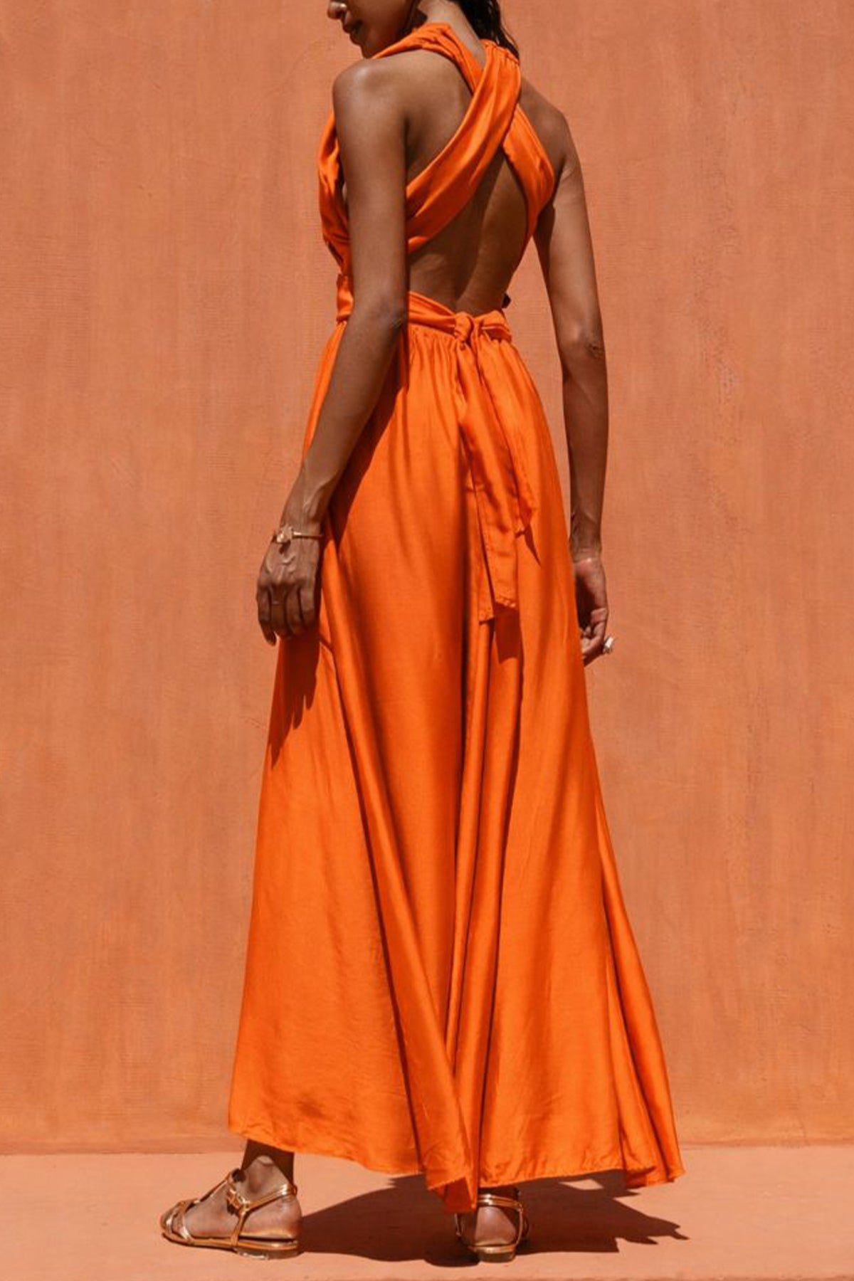 LONG SLEEVELESS SILK/VISCOSE DRESS ORANGE