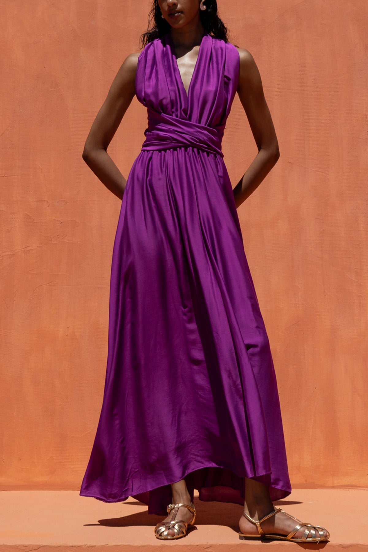 LONG SLEEVELESS SILK/VISCOSE DRESS PURPLE
