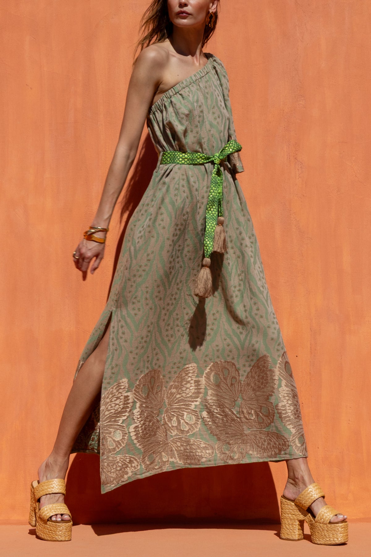 LONG WOVEN ONE SHOULDER DRESS OLIVE/BRONZE