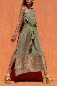 LONG WOVEN ONE SHOULDER DRESS OLIVE/BRONZE