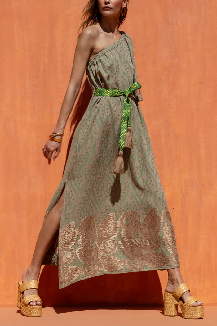 LONG WOVEN ONE SHOULDER DRESS OLIVE/BRONZE