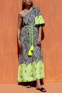 LONG WOVEN ONE SHOULDER DRESS BLACK/FLUO YELLOW