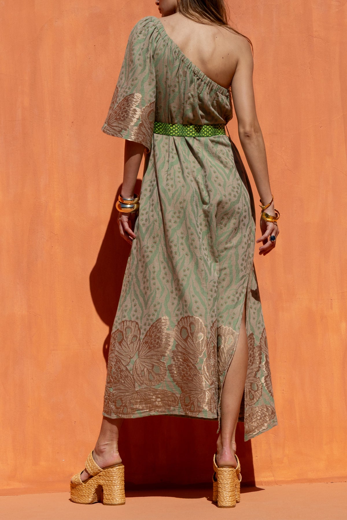 LONG WOVEN ONE SHOULDER DRESS OLIVE/BRONZE