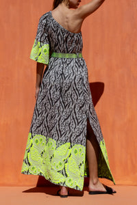 LONG WOVEN ONE SHOULDER DRESS BLACK/FLUO YELLOW