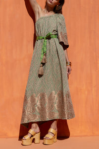LONG WOVEN ONE SHOULDER DRESS OLIVE/BRONZE