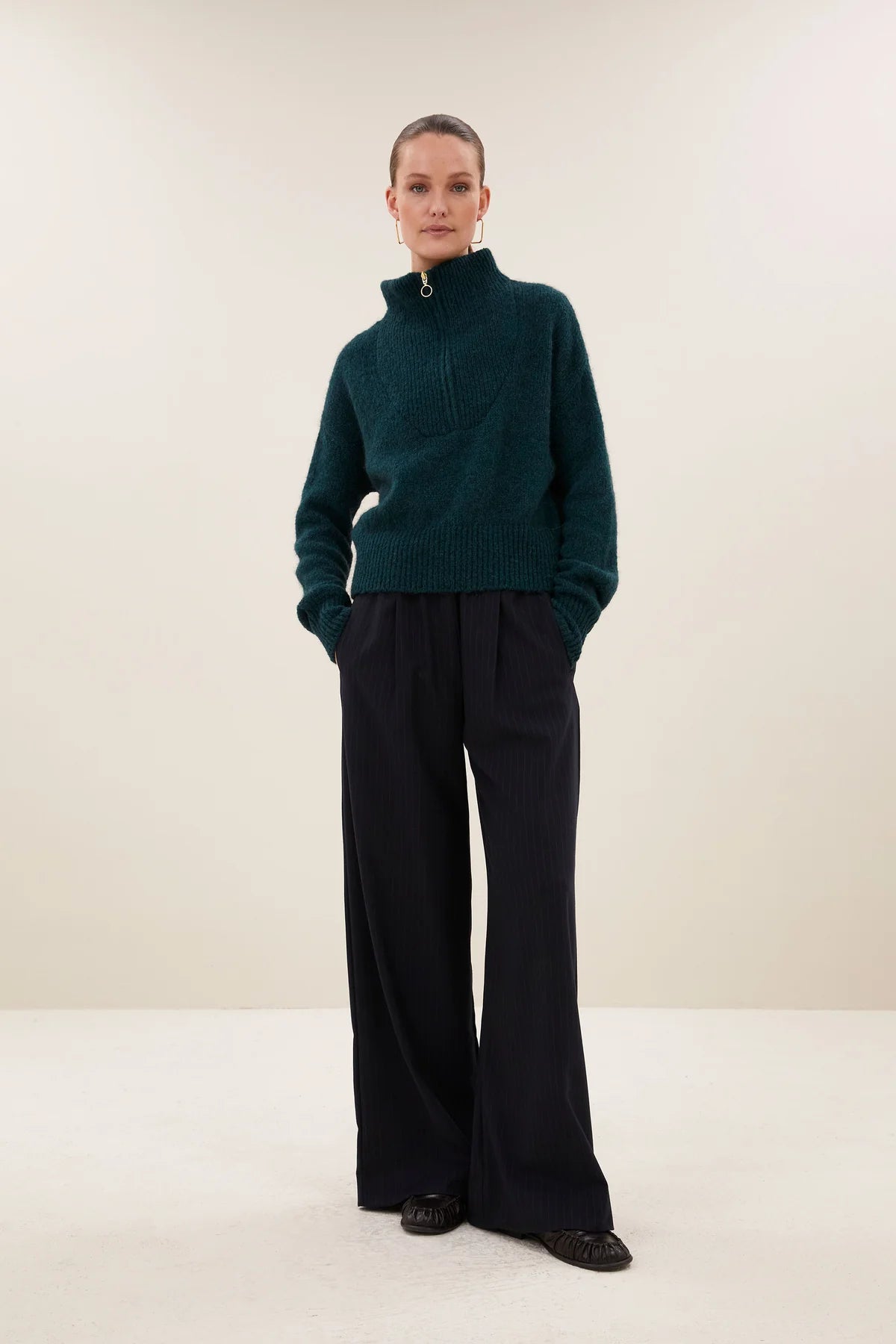 OVERSIZED PULLOVER WITH ZIPPER FOREST GREEN