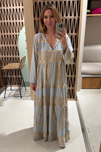 LONG COTTON DRESS "EMBROIDERED" LIGHT GREY/GOLD