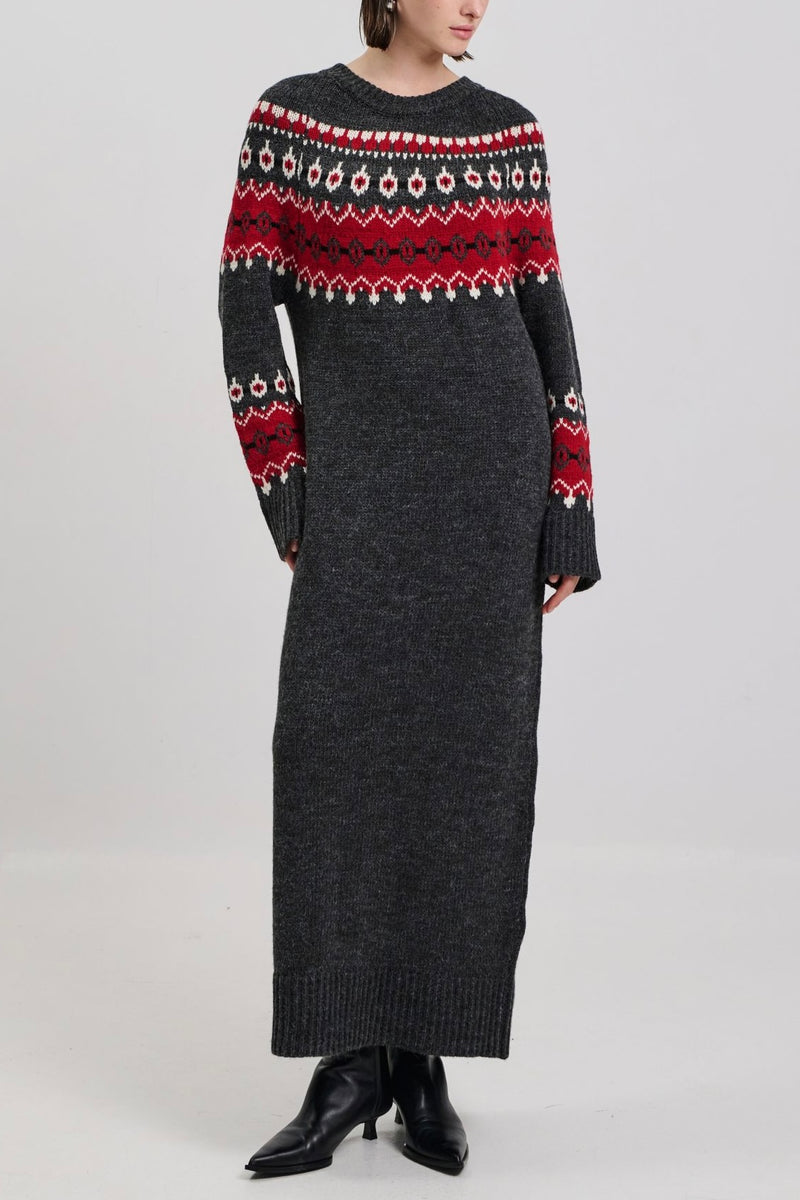 KNITTED LONG DRESS "JACQUARD" GREY/RED