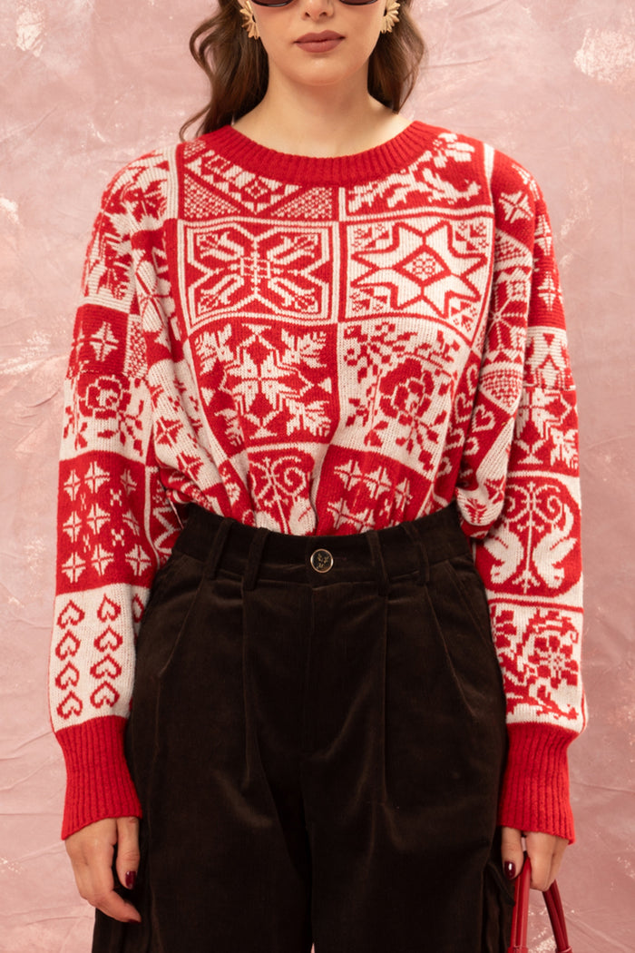 JACQUARD KNIT PULLOVER "KOUVERTA" RED/WHITE