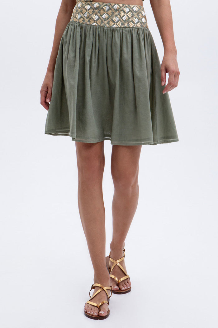 MINI COTTON/RAMIE SKIRT "FLAKES" SAGE/GOLD/CHAMPAGNE