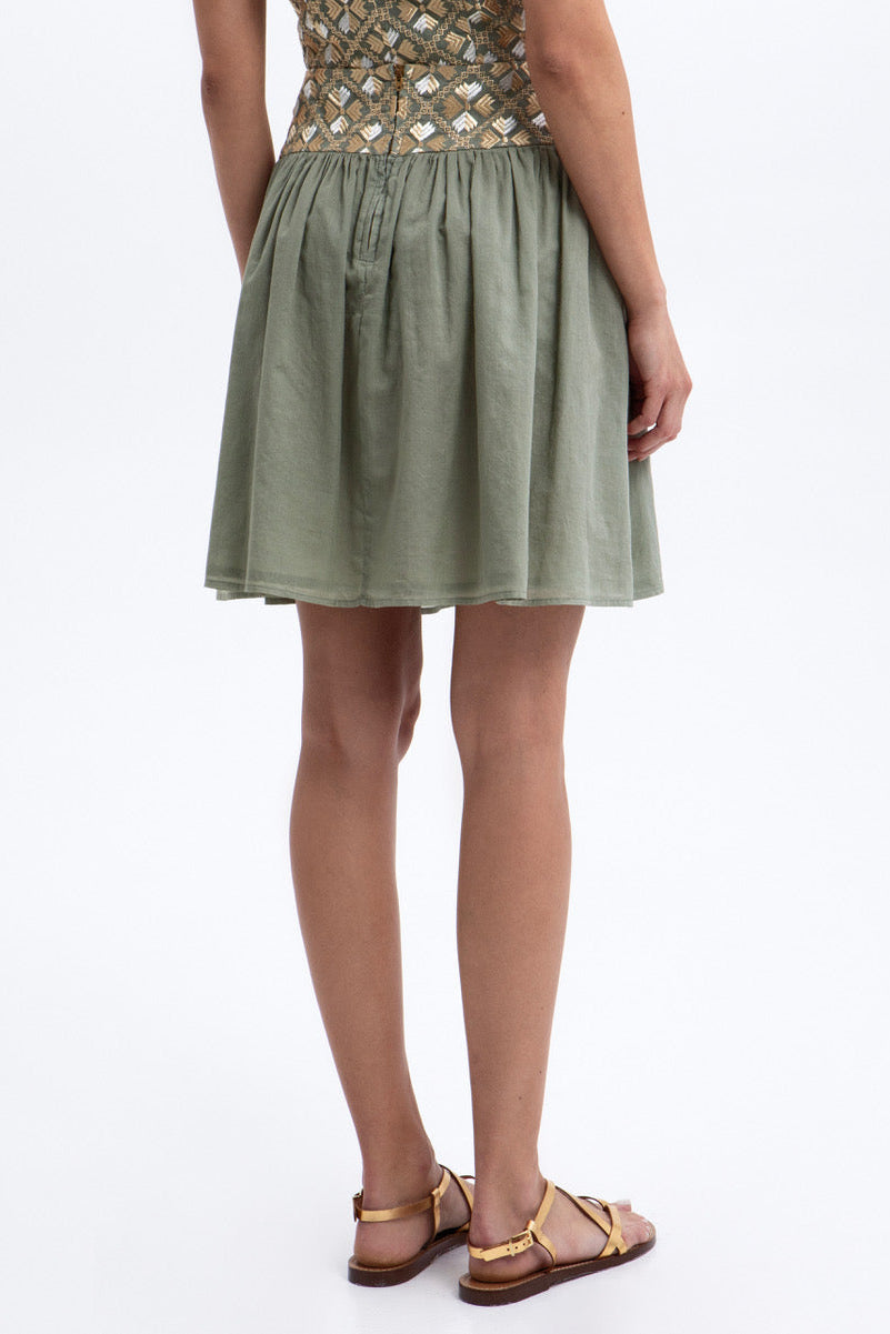 MINI COTTON/RAMIE SKIRT "FLAKES" SAGE/GOLD/CHAMPAGNE
