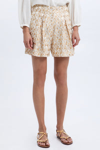 PLEATED RAMIE SHORTS "FLAKES" WHITE/GOLD/CHAMPAGNE