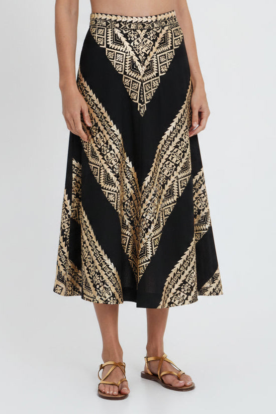 MIDI COTTON SKIRT "EMBROIDERED" BLACK/GOLD