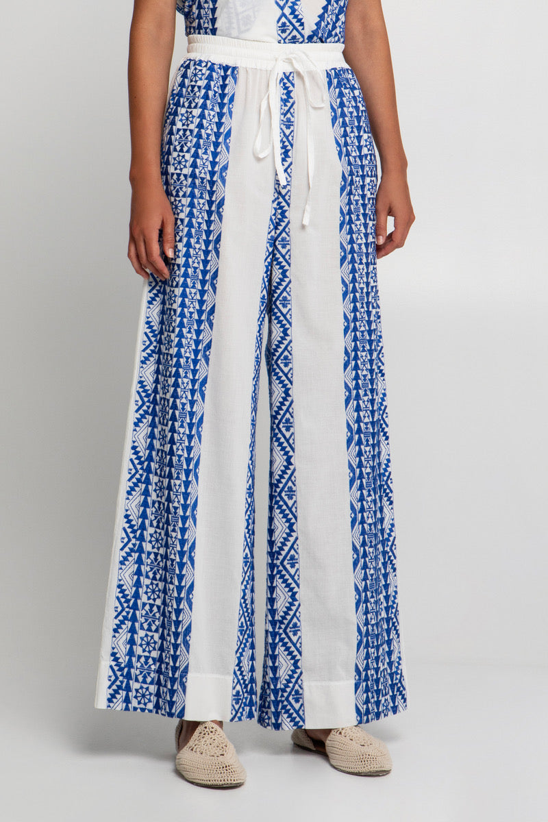 COTTON DRAWSTRING PANTS "EMBROIDERED" WHITE/BLUE