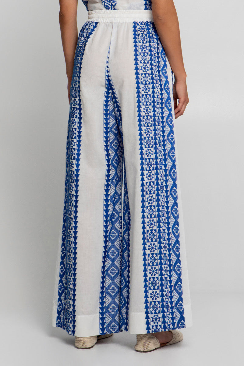 COTTON DRAWSTRING PANTS "EMBROIDERED" WHITE/BLUE