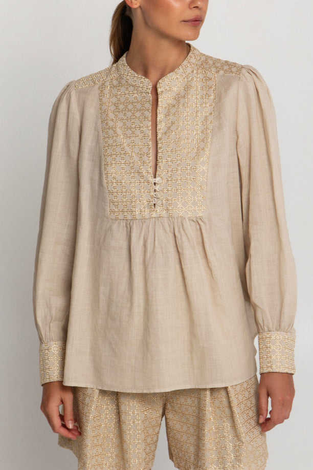 OVERSIZED COTTON BLOUSE "CROSS" BEIGE/GOLD