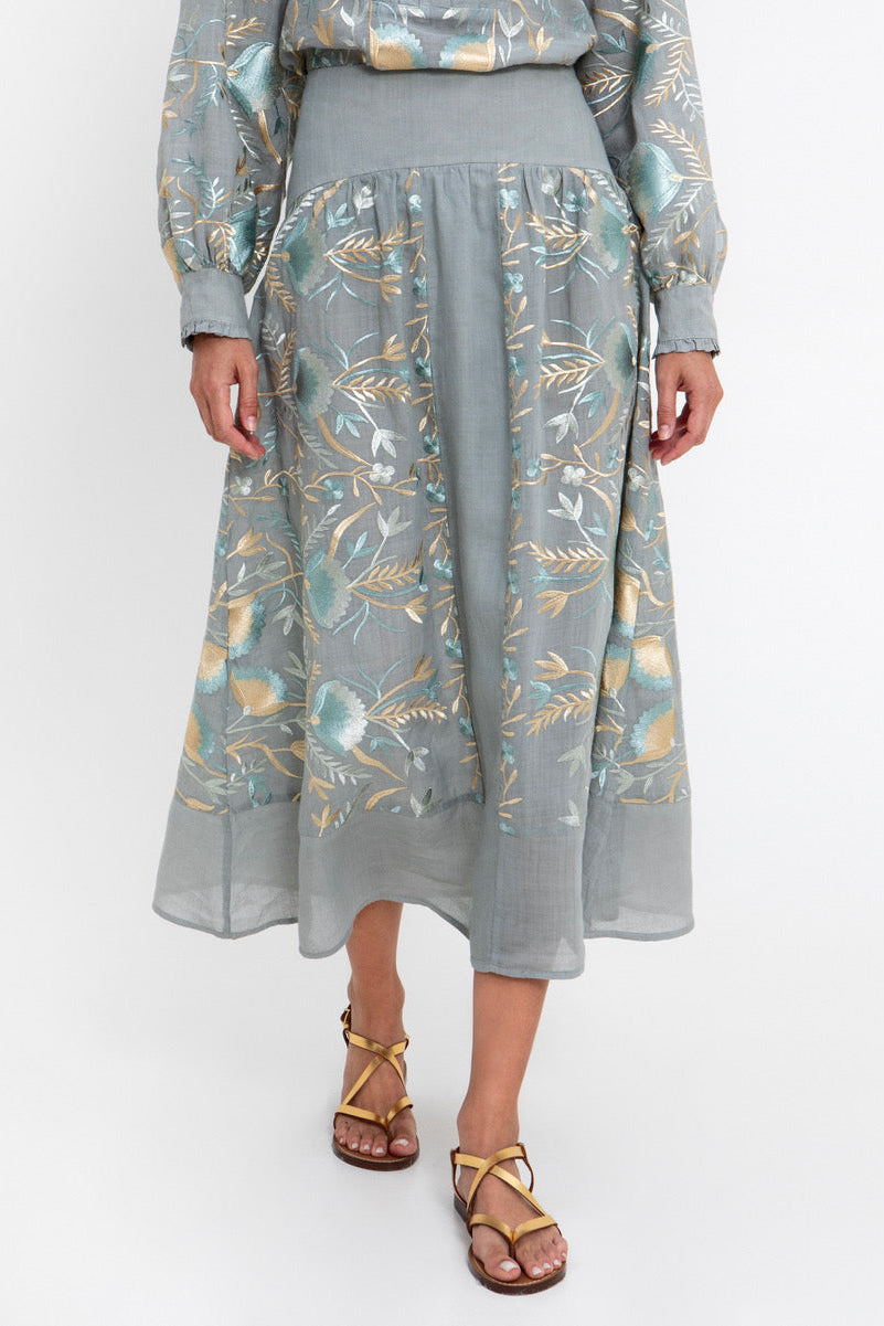 MIDI RAMIE SKIRT "BLOSSOM" STONE/MULTI GREEN