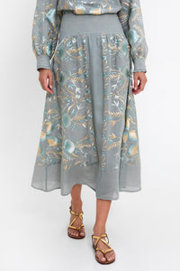 MIDI RAMIE SKIRT "BLOSSOM" STONE/MULTI GREEN