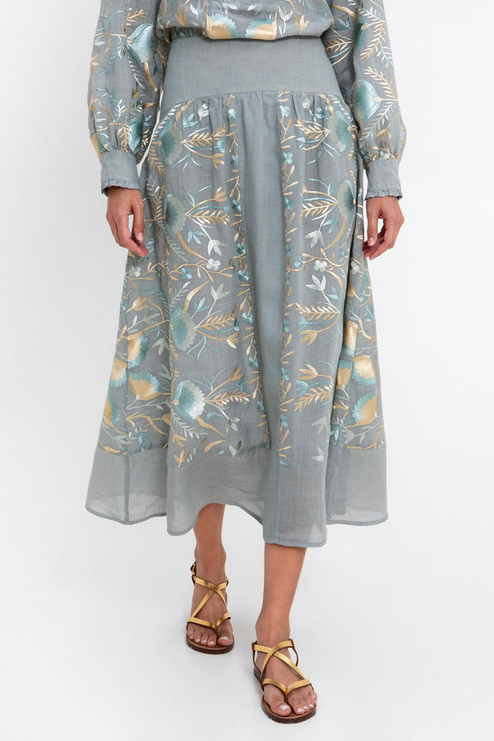 MIDI RAMIE SKIRT "BLOSSOM" STONE/MULTI GREEN