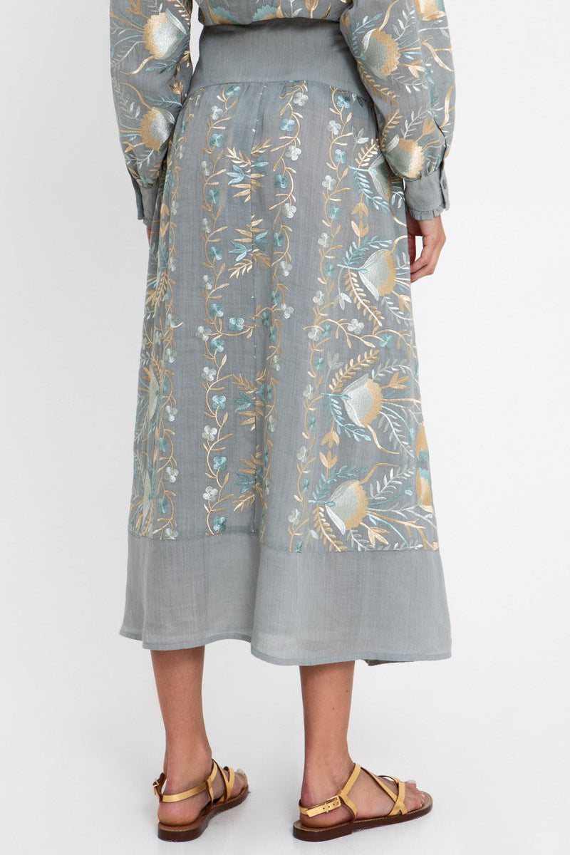MIDI RAMIE SKIRT "BLOSSOM" STONE/MULTI GREEN