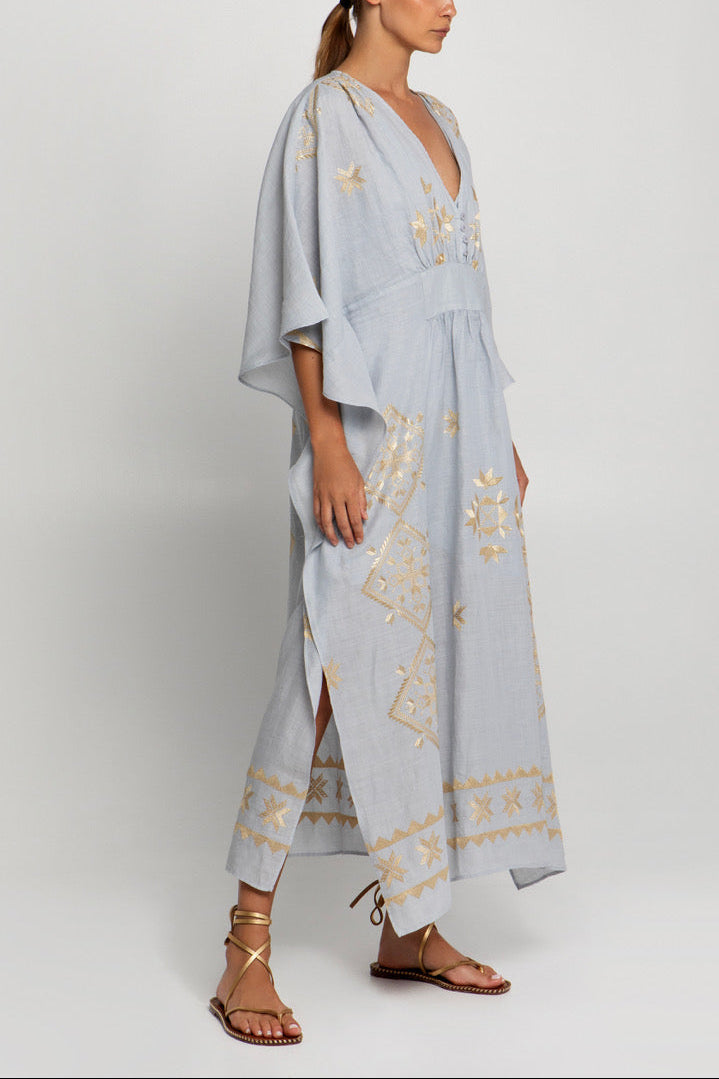 KIMONO RAMIE DRESS "LEFKADA" LIGHT GREY/GOLD