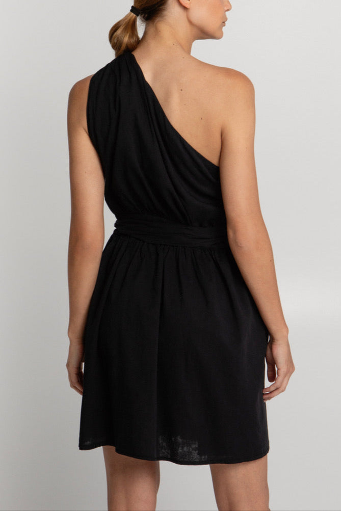 SHORT ONE SHOULDER COTTON WRAP DRESS "ALEA" BLACK