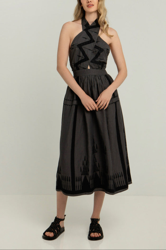 MIDI HALTERNECK DRESS "ROOTS" CHARCOAL/BLACK