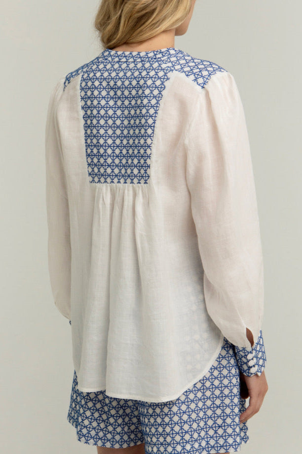 OVERSIZED COTTON BLOUSE "CROSS" WHITE/ROYAL BLUE