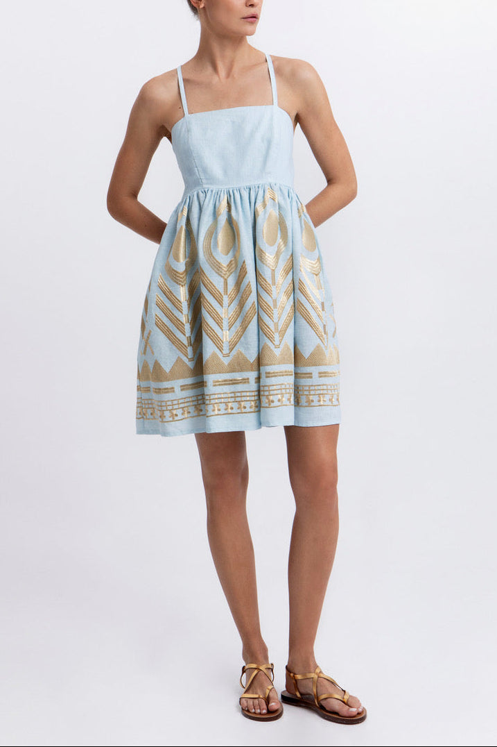 SHORT STRAPPY LINEN DRESS "FEATHER" CIEL/GOLD