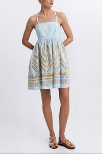 SHORT STRAPPY LINEN DRESS "FEATHER" CIEL/GOLD