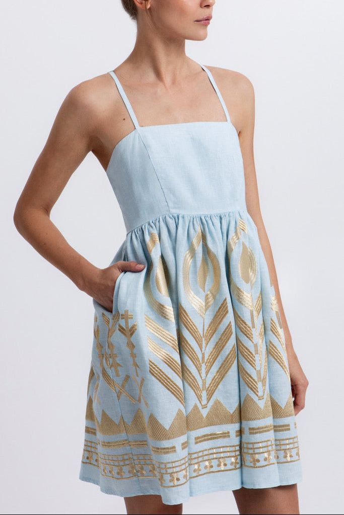 SHORT STRAPPY LINEN DRESS "FEATHER" CIEL/GOLD