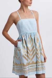 SHORT STRAPPY LINEN DRESS "FEATHER" CIEL/GOLD