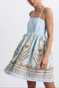 SHORT STRAPPY LINEN DRESS "FEATHER" CIEL/GOLD