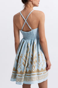 SHORT STRAPPY LINEN DRESS "FEATHER" CIEL/GOLD